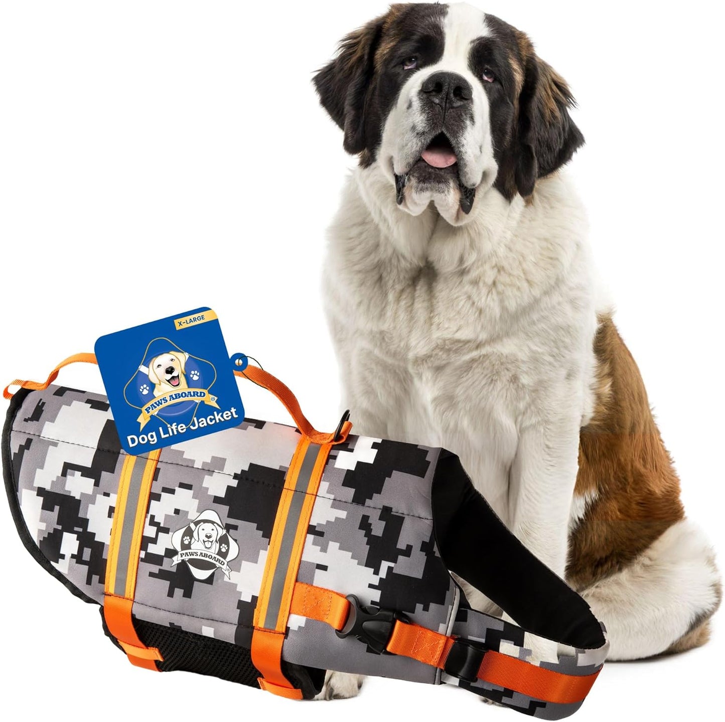 St. Bernard shown with XL Paws Aboard dog life jacket in digital camo pattern with reflective fluorescent orange straps.