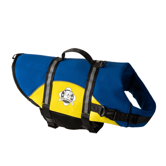 Blue and yellow dog life jacket with breathable mesh underbelly, reflective straps for high visibility, leash clip, and a top handle. Featuring Paws Aboard logo of a dog with a blue life ring around neck.