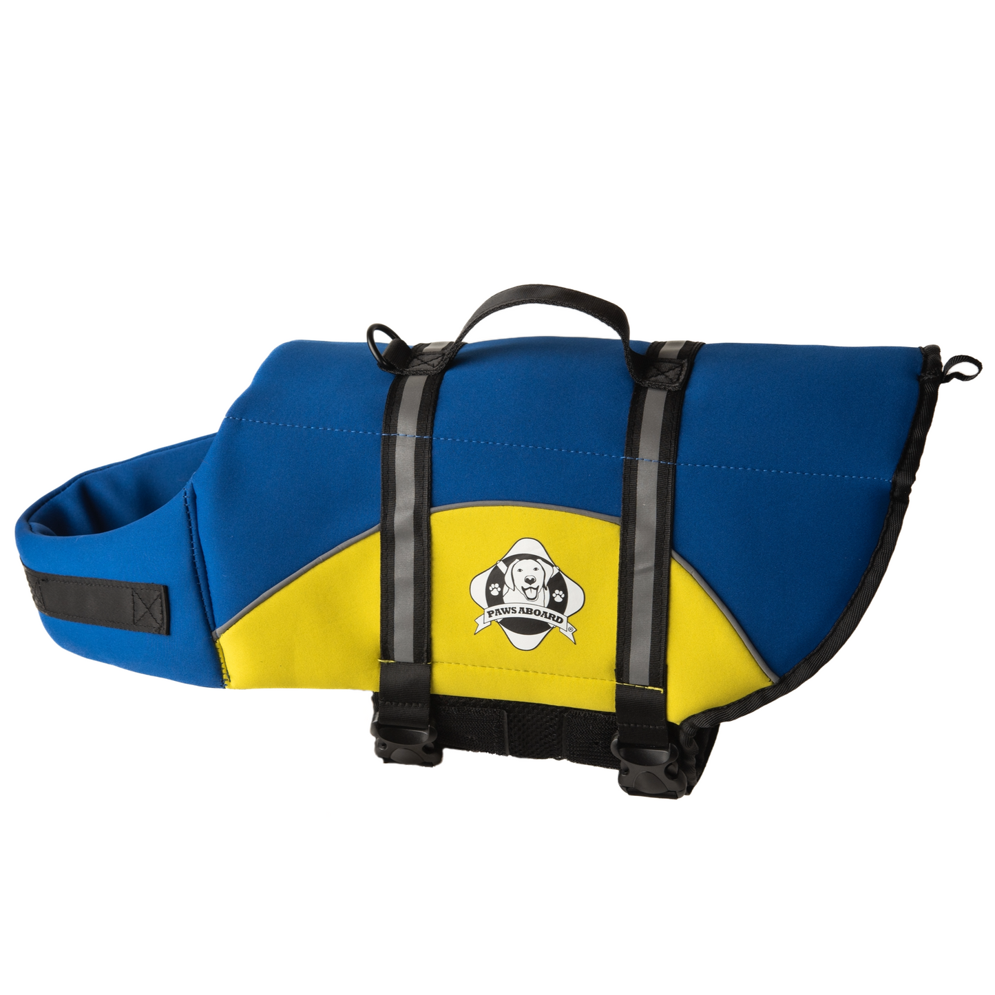 Blue and yellow dog life jacket with breathable mesh underbelly, reflective straps for high visibility, leash clip, and a top handle. Featuring Paws Aboard logo of a dog with a blue life ring around neck.