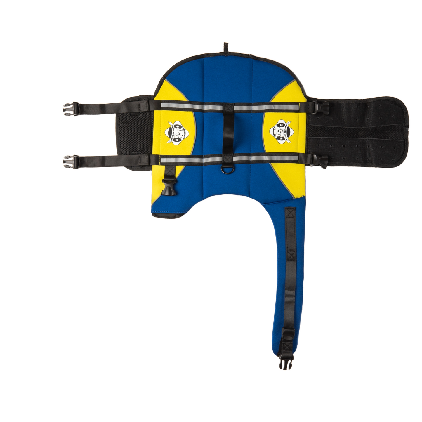Blue and yellow dog life jacket with breathable mesh underbelly, reflective straps for high visibility, leash clip, and a top handle. Featuring Paws Aboard logo of a dog with a blue life ring around neck.