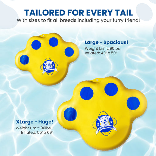 Dog pool float that is sunny yellow and bright blue. Fido Pet Products paw-shaped dog floats for pool shown with Paws Aboard logo of a dog with a life ring around it.