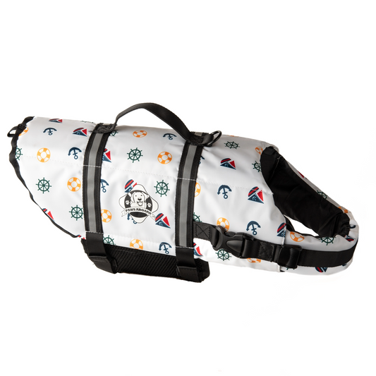 Nautical dog life jacket by Fido Pet Products with reflective strips, breatheable mesh underbelly, and secure handle with leash clip at top.