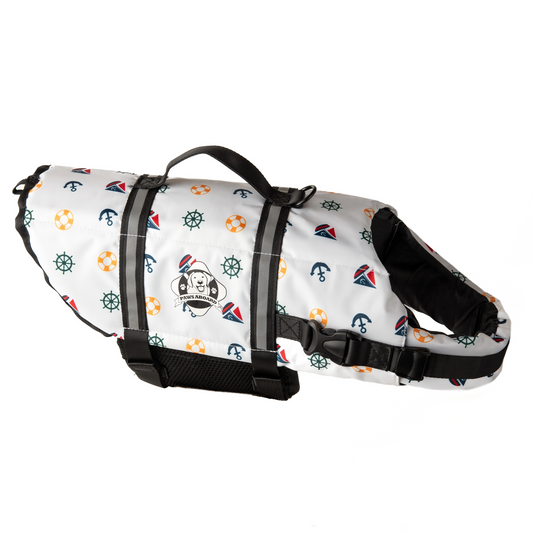 Nautical dog life jacket by Fido Pet Products with reflective strips, breatheable mesh underbelly, and secure handle with leash clip at top.