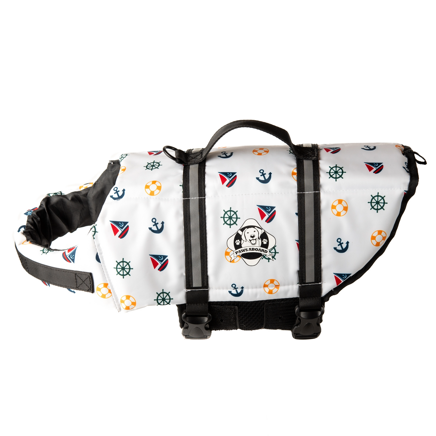 Nautical dog life jacket by Fido Pet Products with reflective strips, breatheable mesh underbelly, and secure handle with leash clip at top.
