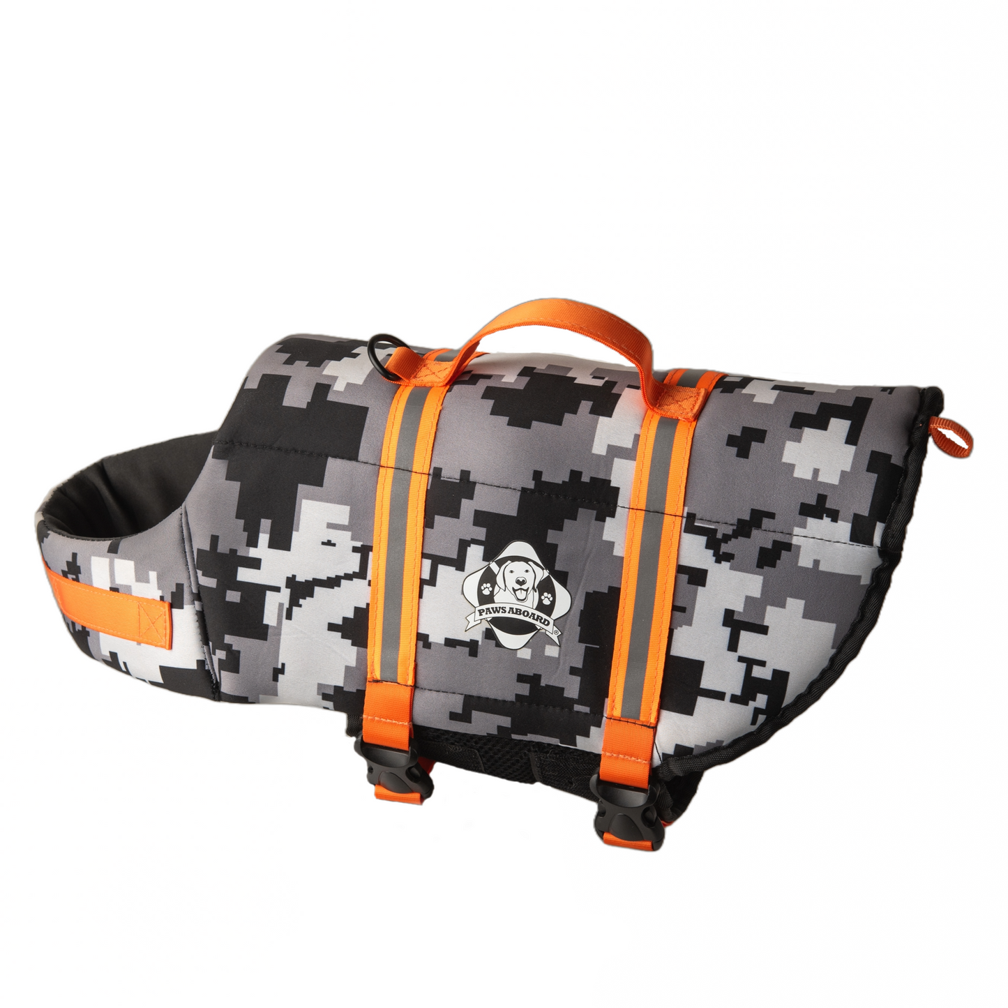 Black and grey digital camouflage dog life jacket with fluorescent orange reflective straps and top rescue handle. Paws Aboard logo on side of neoprene jacket centered between the straps.