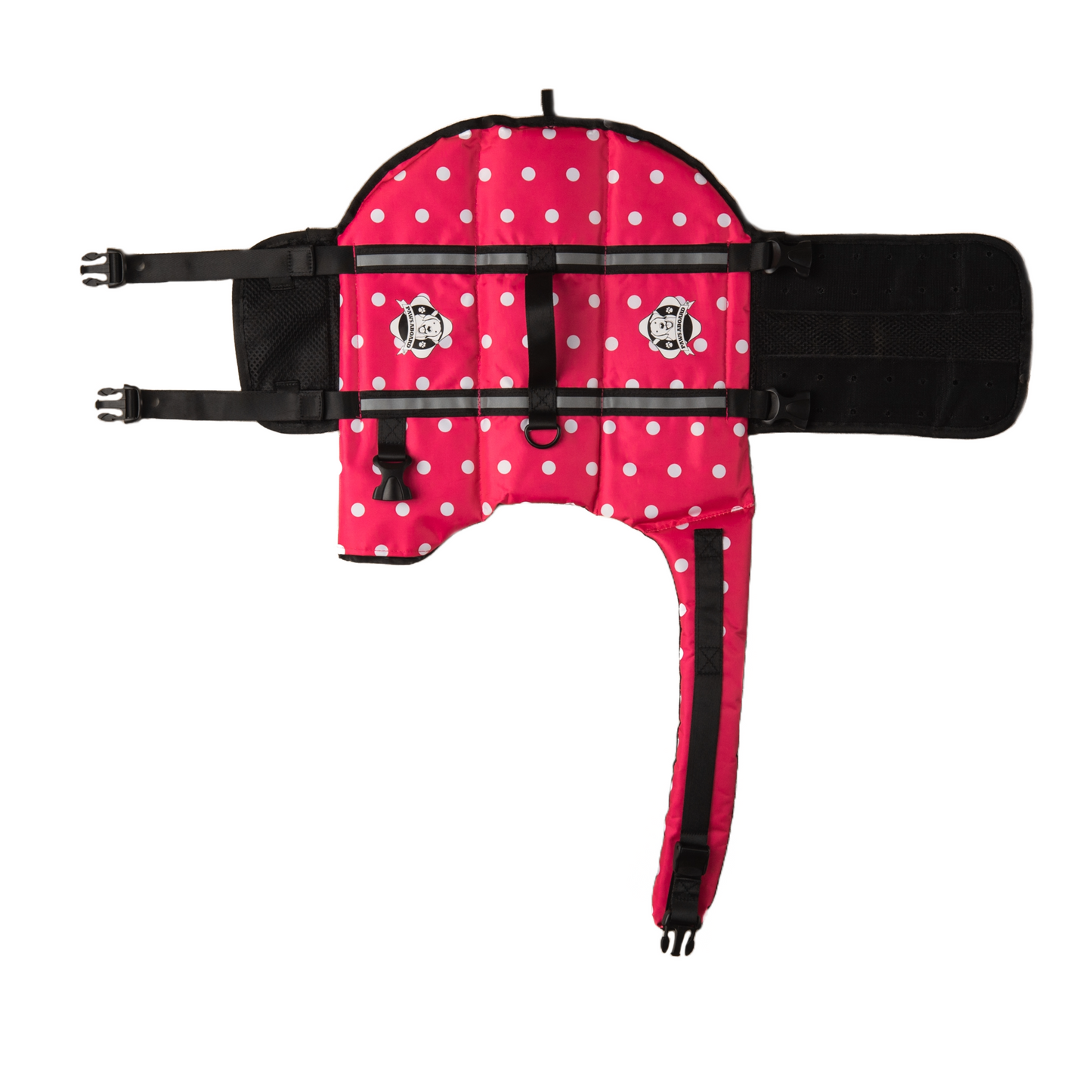 Pink and white polka dot dog life jacket with reflective straps and top rescue handle. Paws Aboard logo on side of nylon jacket centered between the straps.