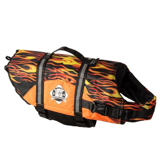 Racing Flames dog life jacket by Fido Pet Products with reflective strips, breatheable mesh underbelly, and secure handle with leash clip at top.
