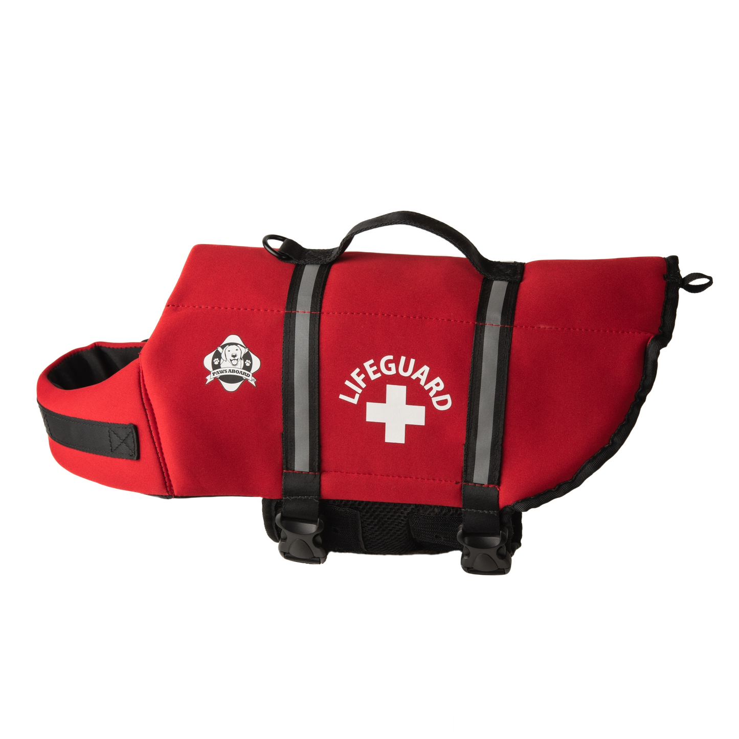 Bright red dog life jacket with Life Guard in print with life guard cross centered between reflective straps, top rescue handle. Paws Aboard logo is also on side of neoprene jacket.
