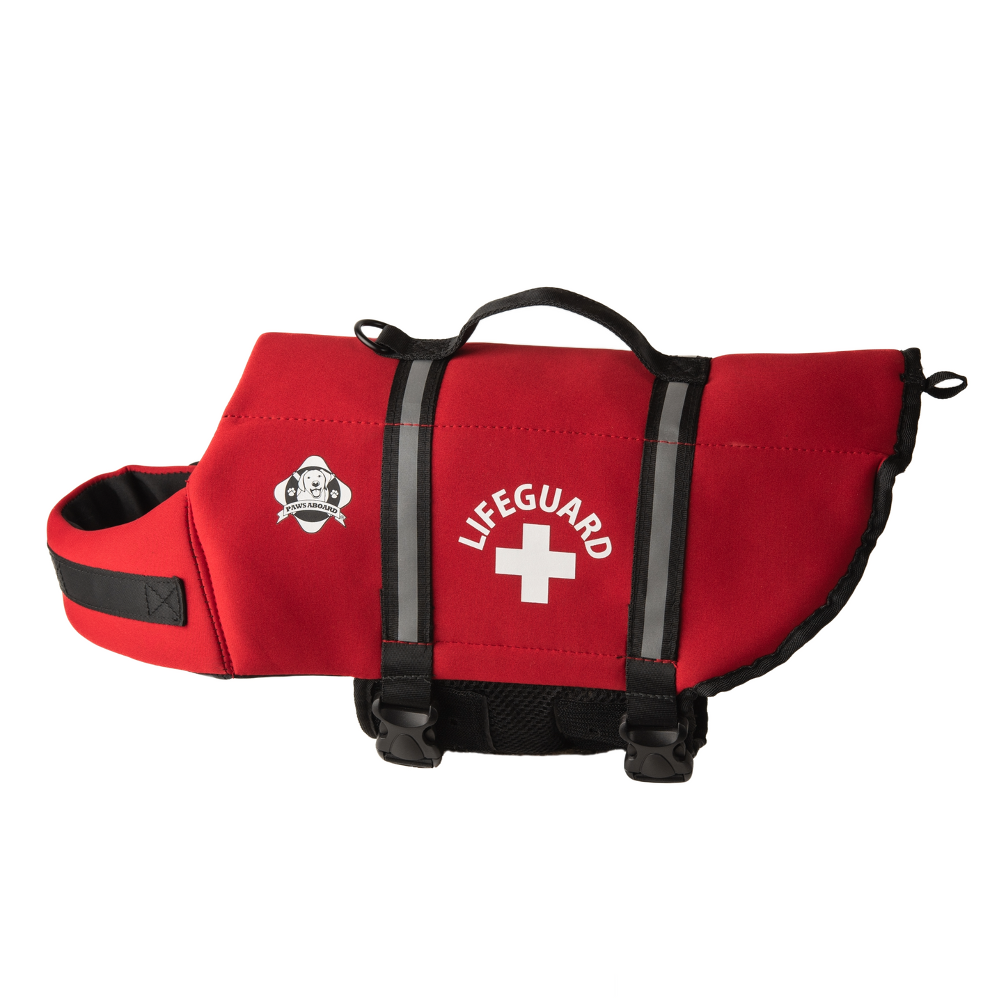Red Lifeguard Paws Aboard dog life jacket by Fido Pet Products with reflective strips, breatheable mesh underbelly, and secure handle with leash clip at top.