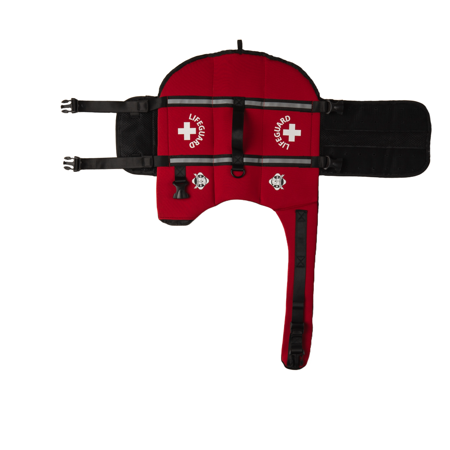 Bright red dog life jacket with Life Guard in print with life guard cross centered between reflective straps, top rescue handle. Paws Aboard logo is also on side of neoprene jacket.