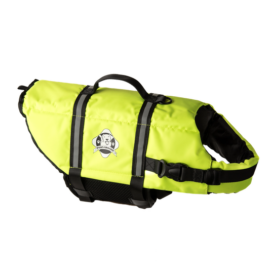 Safety yellow dog life jacket with breathable mesh underbelly, reflective straps for high visibility, leash clip, and a top handle. Featuring Paws Aboard logo of a dog with a blue life ring around neck.