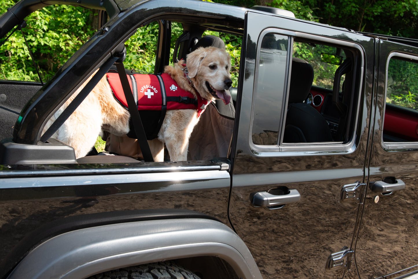 Golden Retriever wearing a large red lifeguard neoprene life vest for dogs. The Paws Aboard brand life jacket from Fido Pet Products features a lifeguard logo, reflective strips, rescue handle, and leash clip.  Dog is standing in the back of a black open jeep with lush green riverbank.