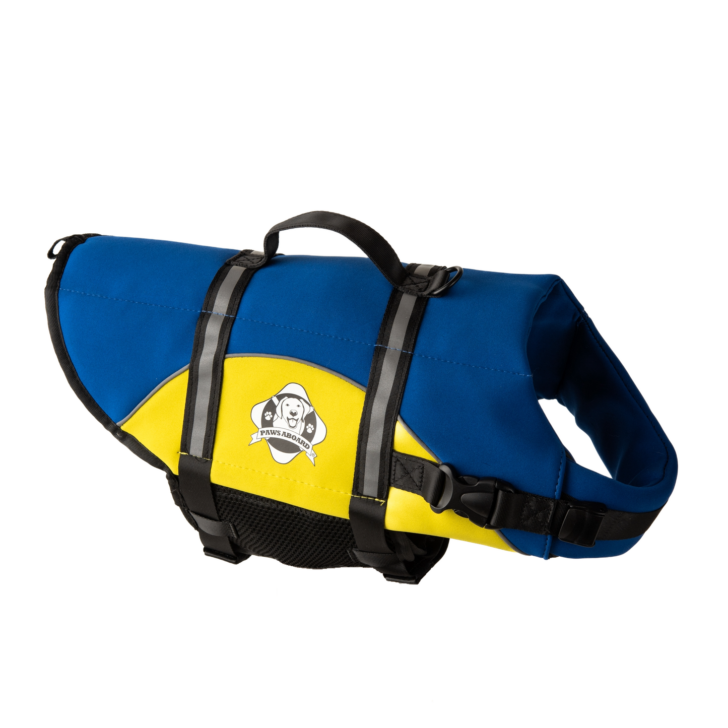 Blue and yellow dog life jacket with breathable mesh underbelly, reflective straps for high visibility, leash clip, and a top handle. Featuring Paws Aboard logo of a dog with a blue life ring around neck.