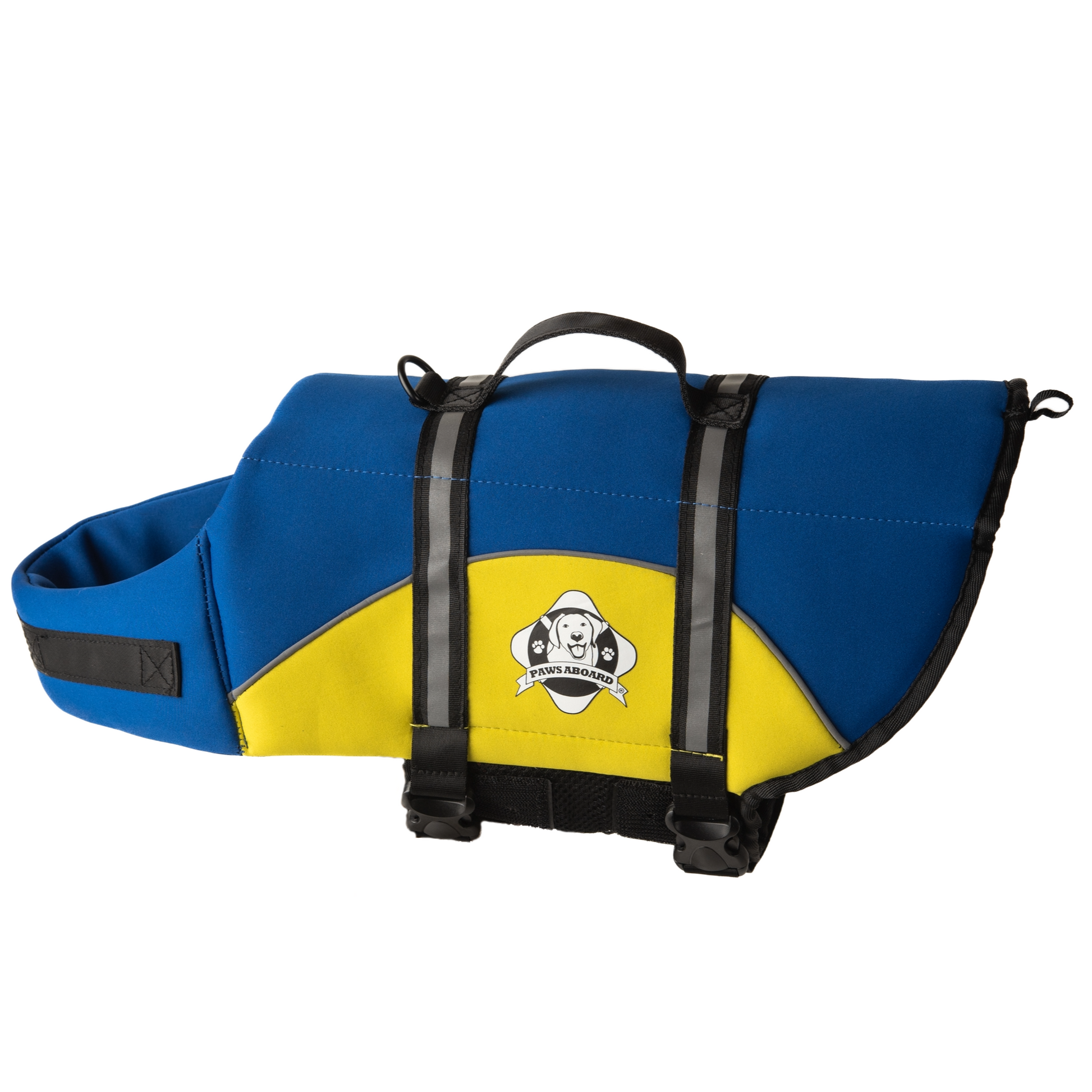 Blue and yellow dog life jacket with breathable mesh underbelly, reflective straps for high visibility, leash clip, and a top handle. Featuring Paws Aboard logo of a dog with a blue life ring around neck.