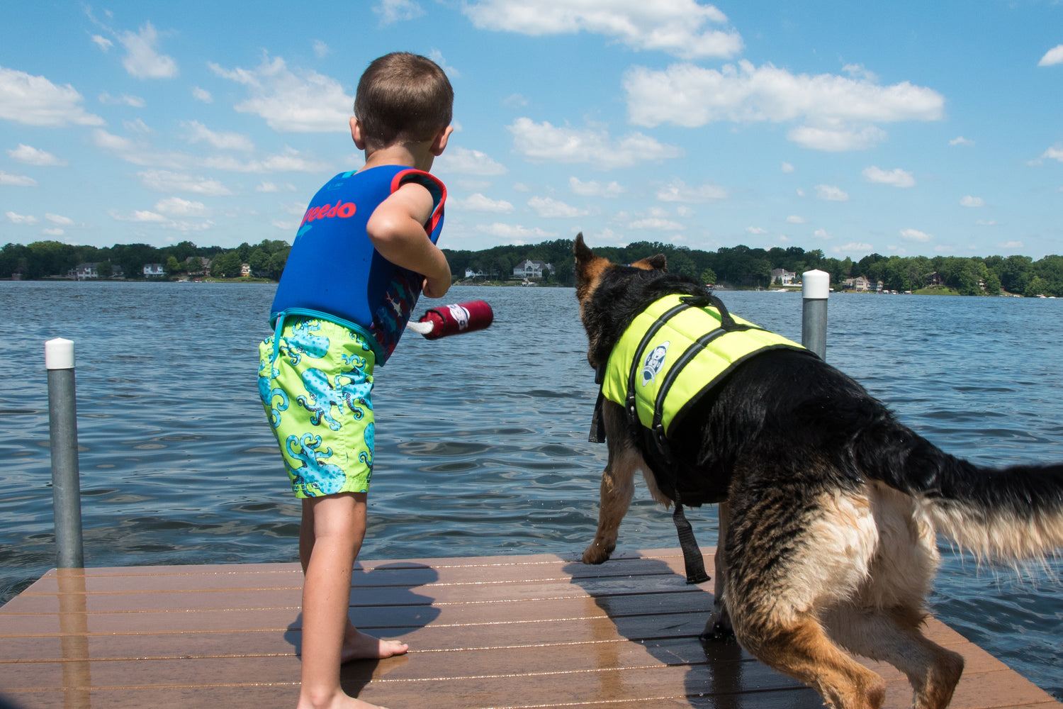 Boy in bright green and blue swimming trunks and a blue life jacket tosses a red training dummy off a dock with a black and brown German shepherd ready to jump in the lake with lake houses dotting the horizon and a blue sky with white puffy clouds.  The dog is wearing a neon yellow high visibility Paws Aboard life jacket from Fido Pet Products with rescue handle and reflective straps. 