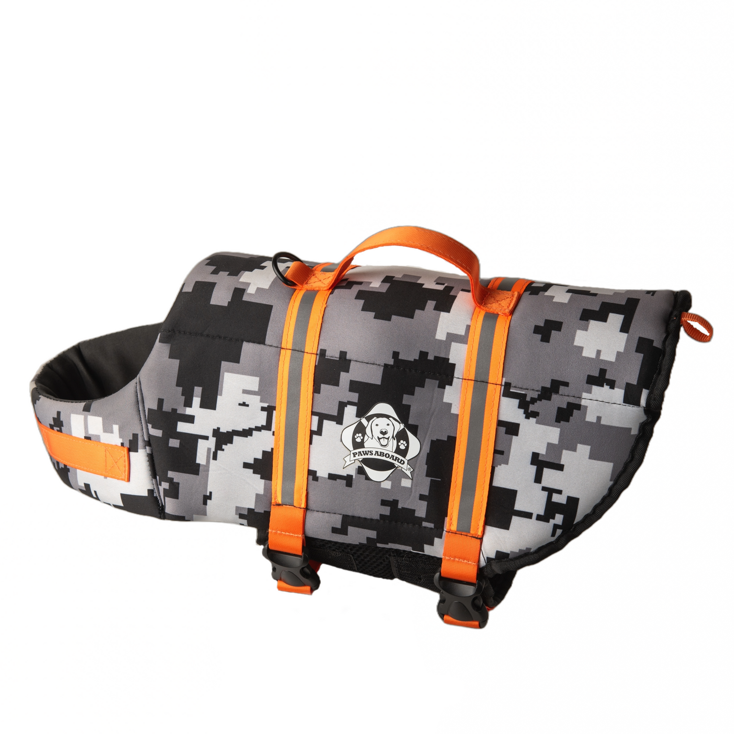 Black and grey digital camouflage dog life jacket with fluorescent orange reflective straps and top rescue handle. Paws Aboard logo on side of neoprene jacket centered between the straps.