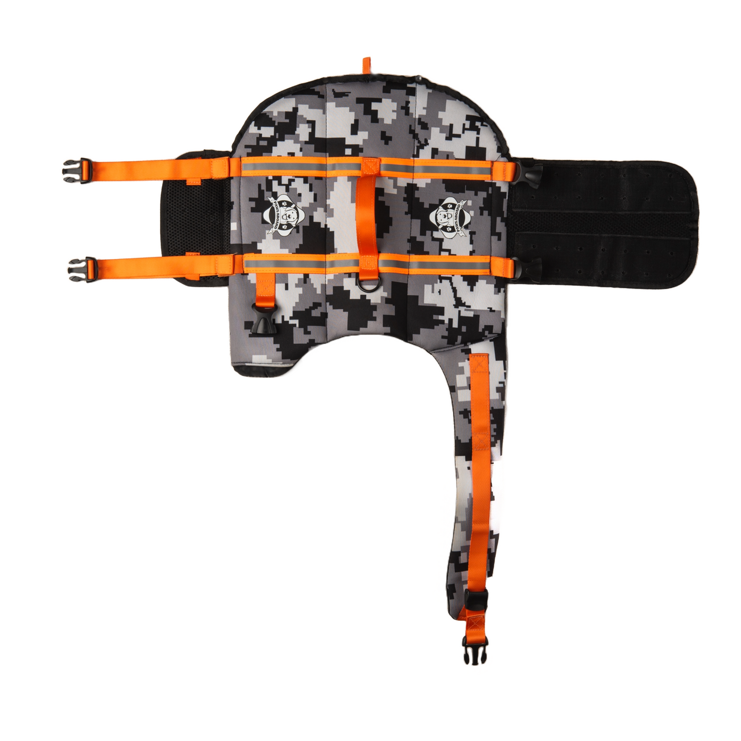 Black and grey digital camouflage dog life jacket with fluorescent orange reflective straps and top rescue handle. Paws Aboard logo on side of neoprene jacket centered between the straps.