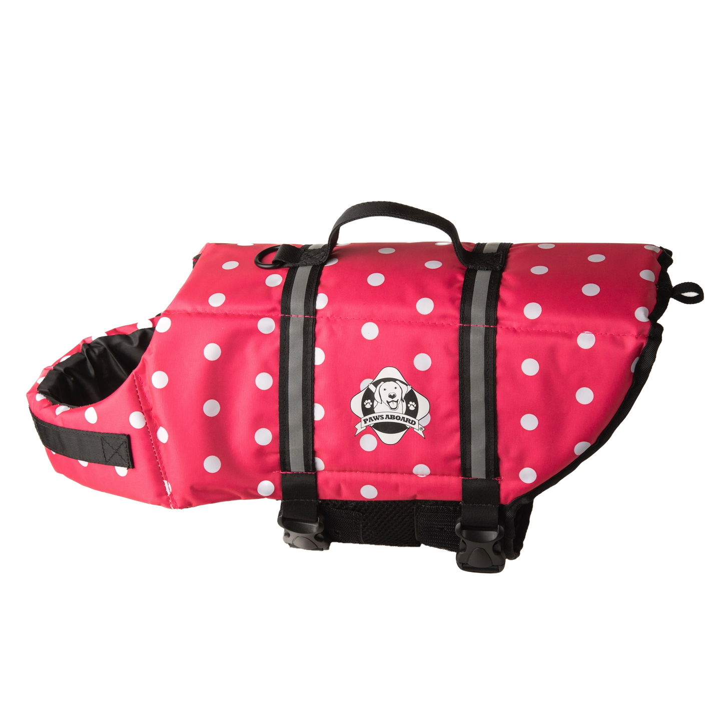 Pink and white polka dot dog life jacket with reflective straps and top rescue handle. Paws Aboard logo on side of nylon jacket centered between the straps.