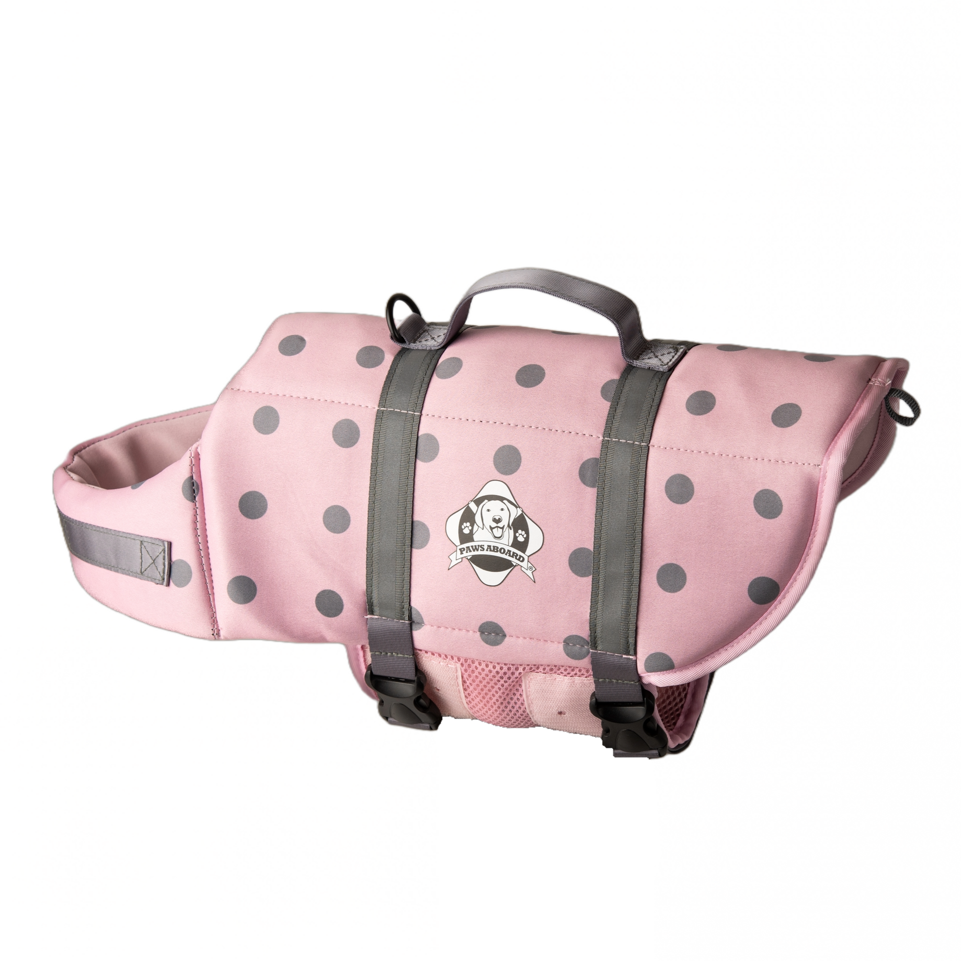 Pink and grey polka dot dog life jacket with reflective straps and top rescue handle. Paws Aboard logo on side of neoprene jacket centered between the straps.