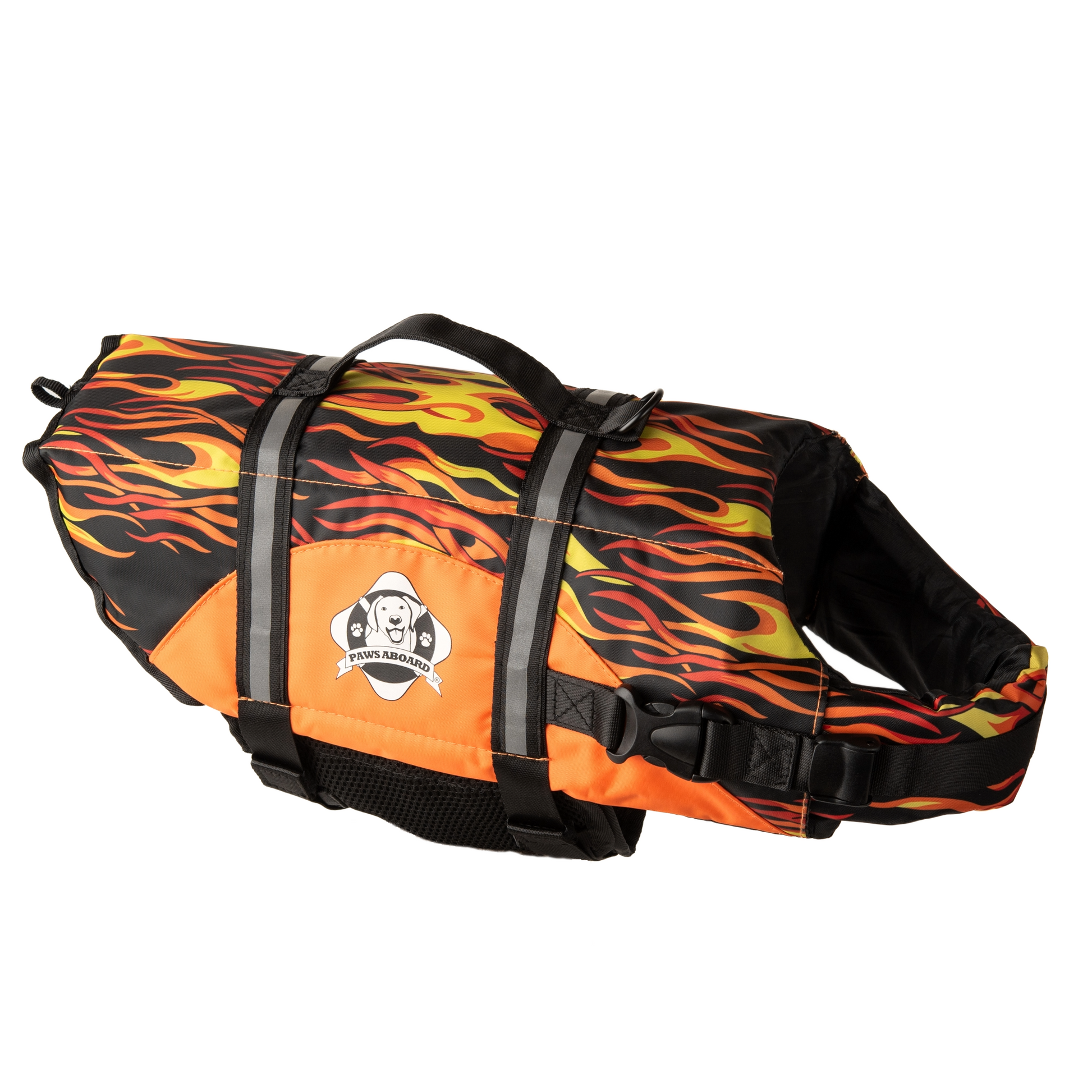 Racing Flames dog life jacket by Fido Pet Products with reflective strips, breatheable mesh underbelly, and secure handle with leash clip at top.
