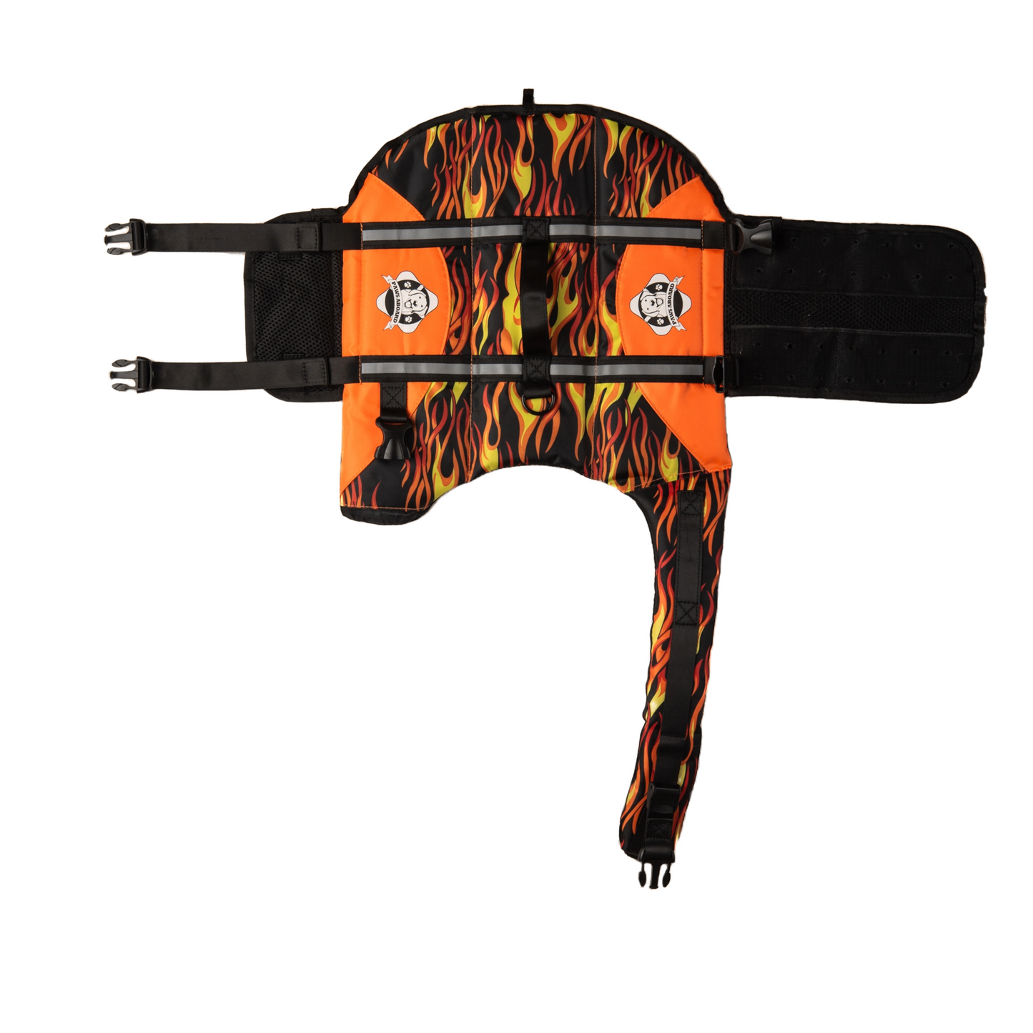 Racing Flames dog life jacket by Fido Pet Products with reflective strips, breatheable mesh underbelly, and secure handle with leash clip at top.