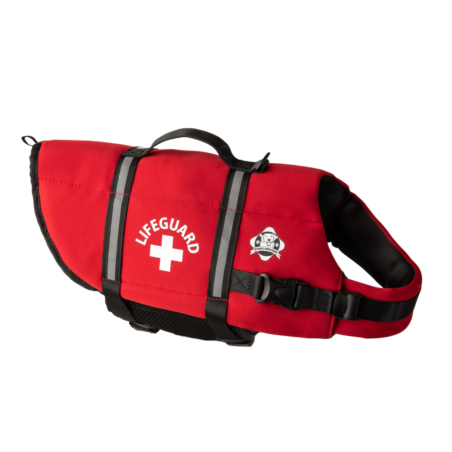 Bright red dog life jacket with Life Guard in print with life guard cross centered between reflective straps, top rescue handle. Paws Aboard logo is also on side of neoprene jacket.