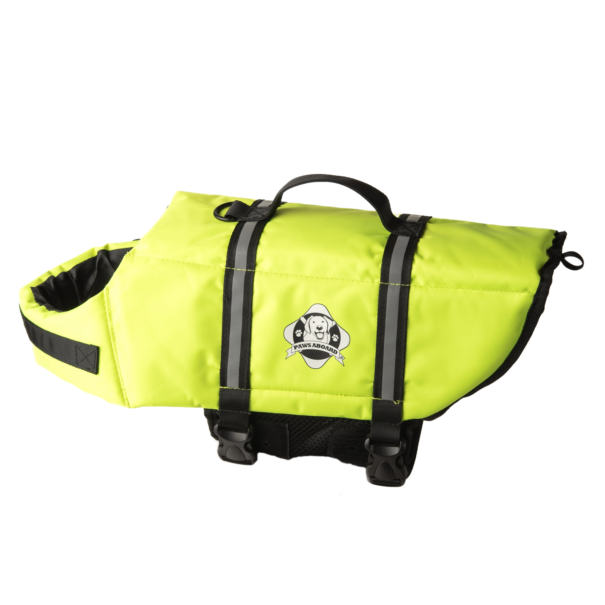 Safety yellow dog life jacket with breathable mesh underbelly, reflective straps for high visibility, leash clip, and a top handle. Featuring Paws Aboard logo of a dog with a blue life ring around neck.