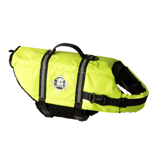Safety yellow dog life jacket with breathable mesh underbelly, reflective straps for high visibility, leash clip, and a top handle. Featuring Paws Aboard logo of a dog with a blue life ring around neck.