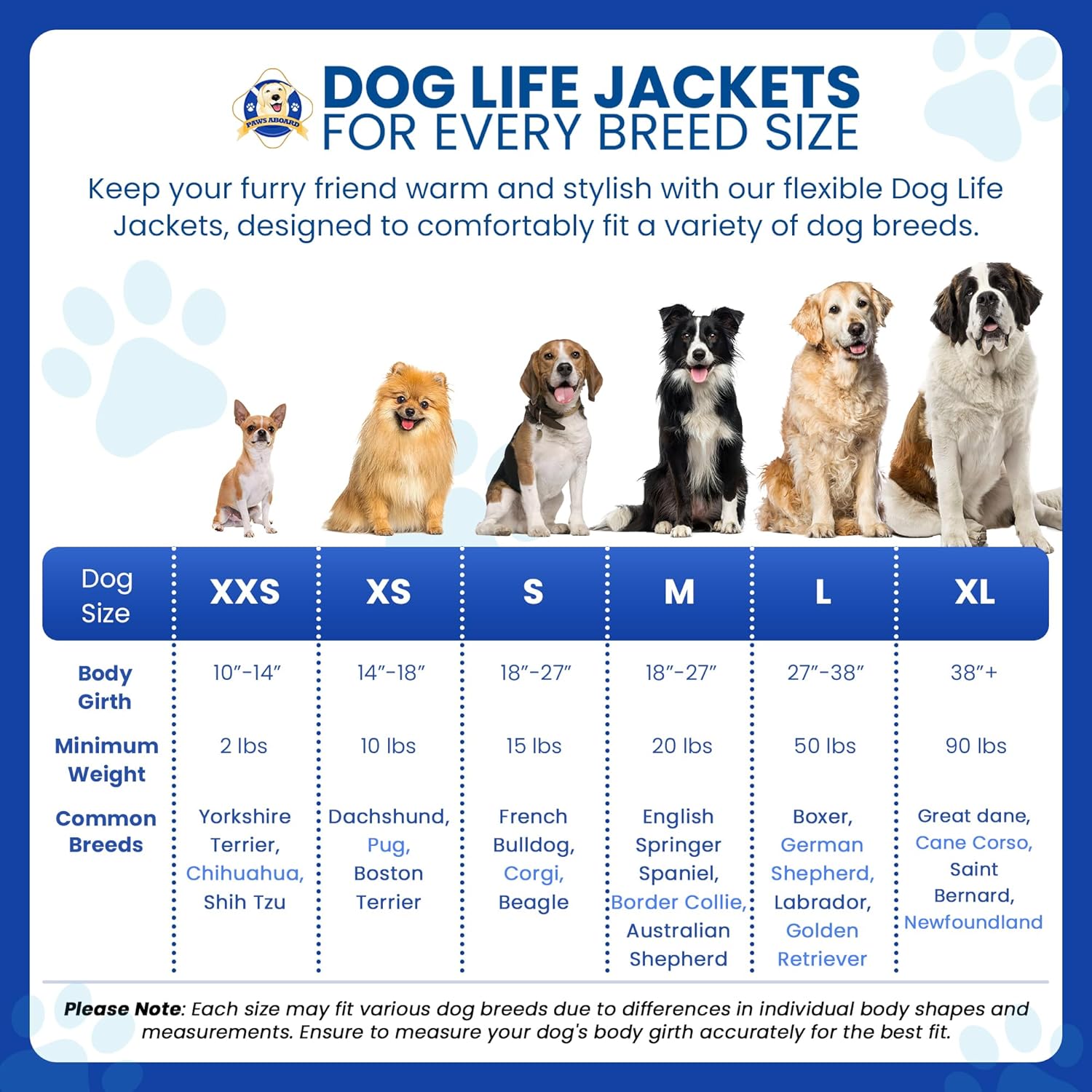Size Chart for dog life jackets

