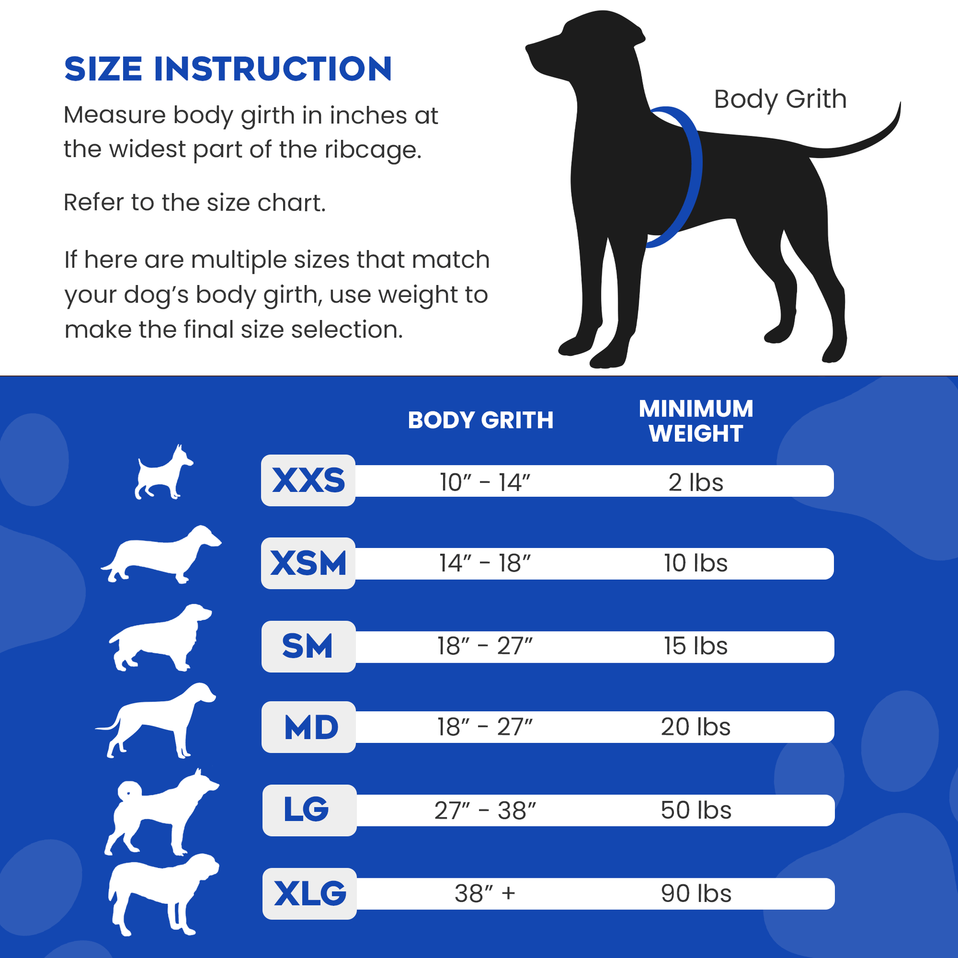Sizing instructions explaining how to measure dog for a Paws Aboard dog life jacket.