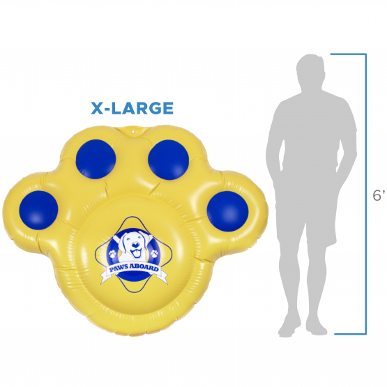 Sunny yellow and bright blue paw shaped XL dog pool float with Paws Aboard logo of a dog with a life ring around it.  Shown next to a silhouette of a 6' tall human to show the large scale of the dog float for pool.