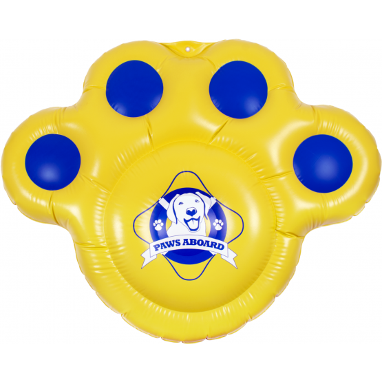 Dog pool float that is sunny yellow and bright blue.  Fido Pet Products paw-shaped dog floats for pool shown with Paws Aboard logo of a dog with a life ring around it.